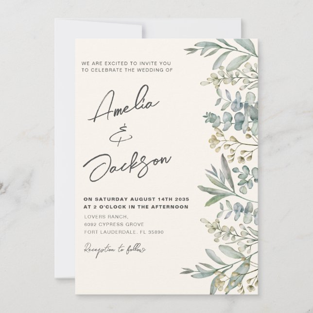 Boho Watercolor Eucalyptus Green & Ivory Wedding Einladung (Vorderseite)