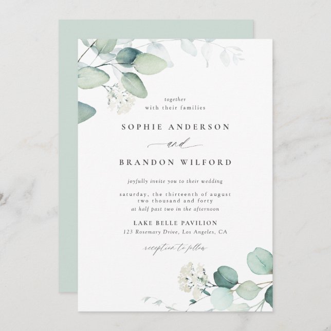 Boho Watercolor Eucalyptus Verlasse Grüne Hochzeit Einladung (Vorne/Hinten)