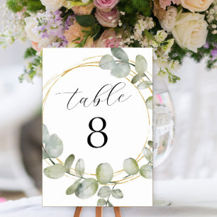 Boho-Watercolor-Eukalyptus- & Gold-Hochzeit Tischnummer