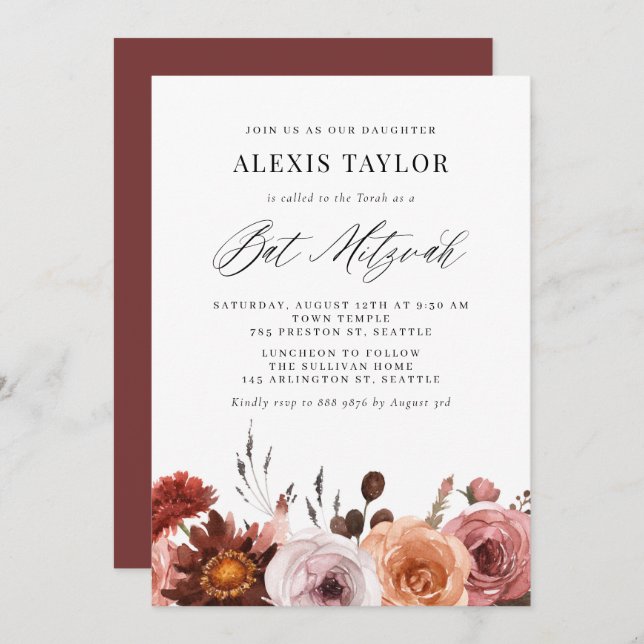 Boho Watercolor Fall Blume Bat Mitzvah Einladung (Vorne/Hinten)