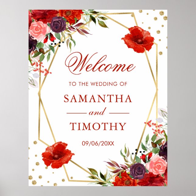 Boho Watercolor Fall Blume Goldrahmen Hochzeit Poster (Vorne)