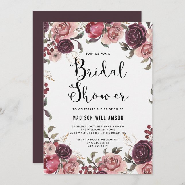 Boho Watercolor Fall Burgundy Floral Brautparty Einladung (Vorne/Hinten)
