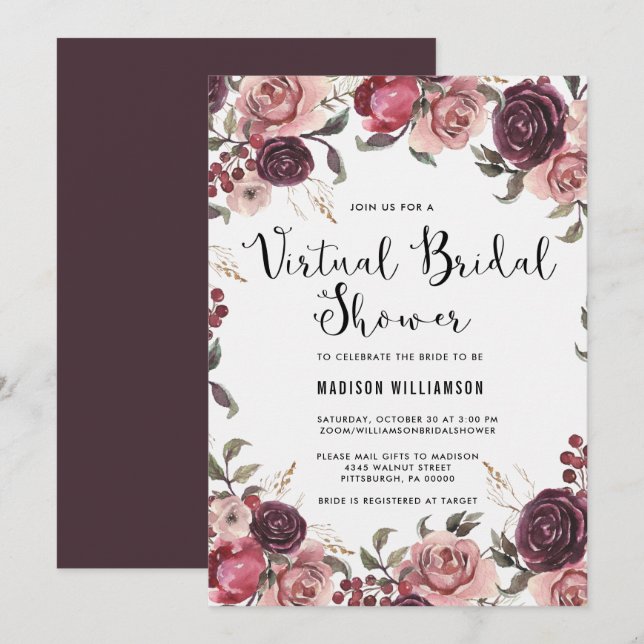 Boho Watercolor Fall Floral Virtual Brautparty Einladung (Vorne/Hinten)