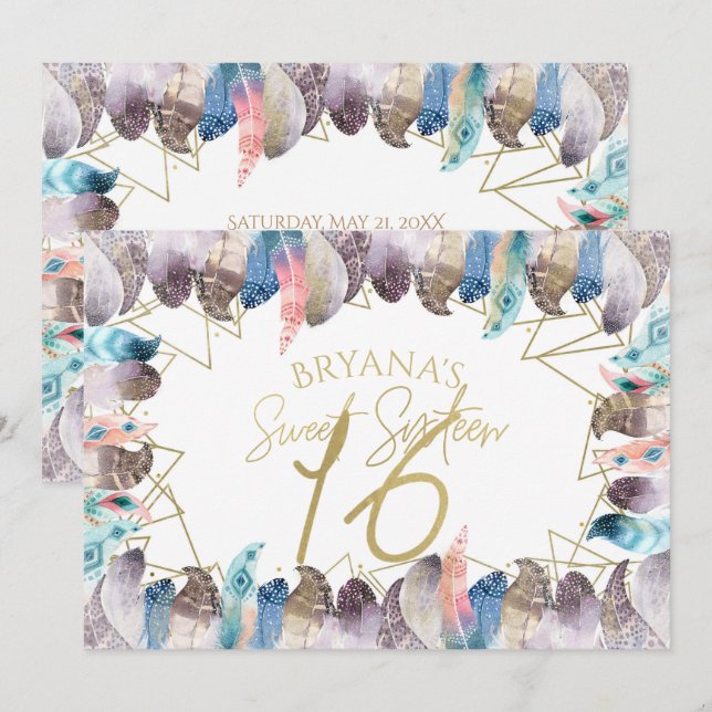 Boho Watercolor Feathers Gold Sweet 16 Einladungen (Vorne/Hinten)