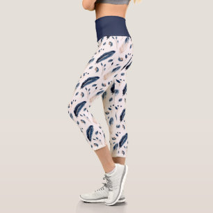 Boho Watercolor Feathers n Blätter Blue Brown Whit Capri Leggings