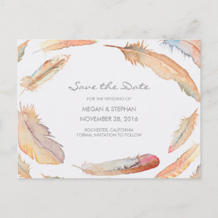 Boho Watercolor Feathers Save the Date Ankündigungspostkarte