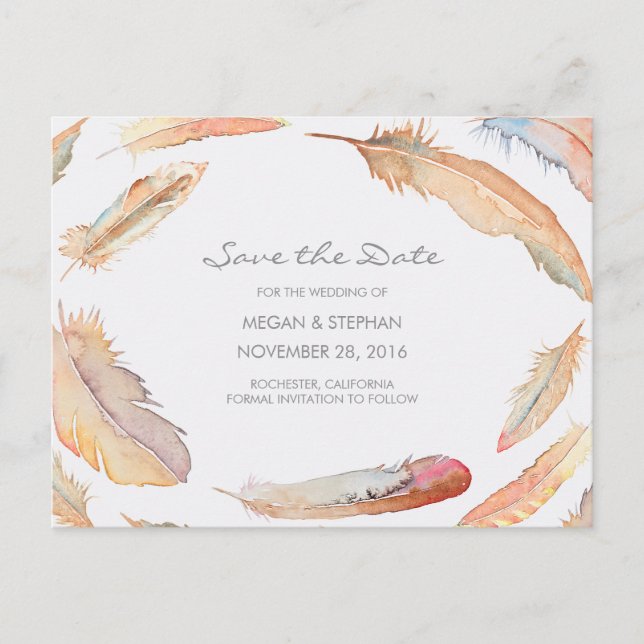 Boho Watercolor Feathers Save the Date Ankündigungspostkarte (Vorderseite)