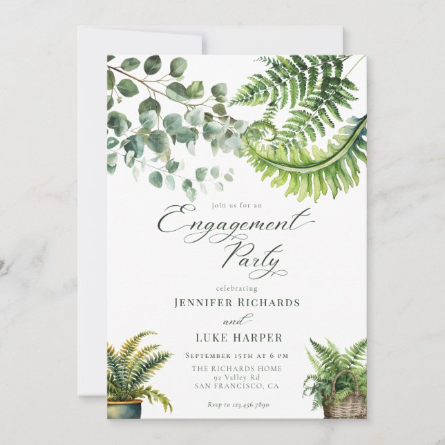 Boho Watercolor Fern Eukalyptus Engagement Einladung (Vorderseite)