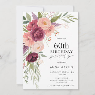 Boho Watercolor Floral 60. Geburtstagsparty Einladung