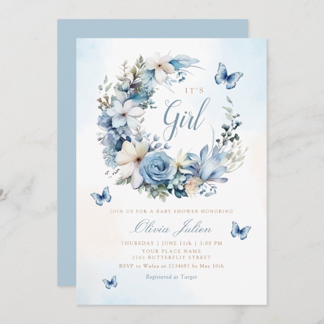 Boho Watercolor Floral Butterfly Girl Babydusche Einladung (Vorne/Hinten)