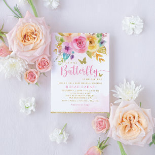 Boho Watercolor Floral Butterfly Girl Babydusche Einladung