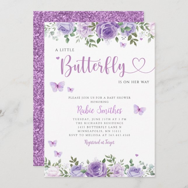 Boho Watercolor Floral Butterfly Girl Babydusche Einladung (Vorne/Hinten)