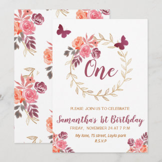 Boho Watercolor Floral Erster Geburtstag Einladung