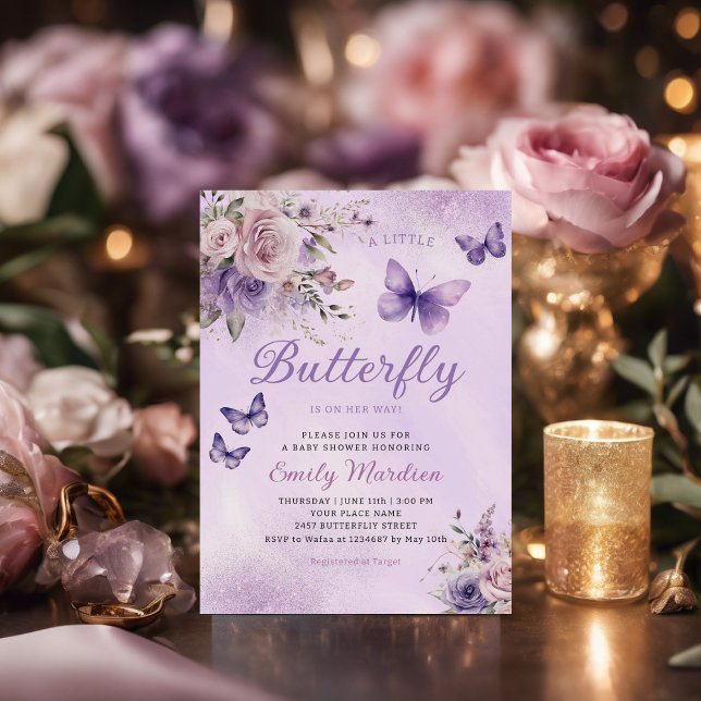 Boho Watercolor Floral Girl Butterfly Babydusche Einladung (Von Creator hochgeladen)