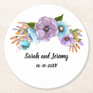 Boho Watercolor Floral Lilac & Aquamarin Personali Runder Pappuntersetzer