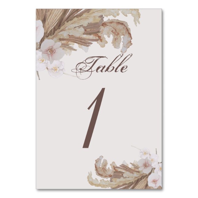 Boho Watercolor Floral Pampas Grass Wedding Tischnummer (Vorderseite)