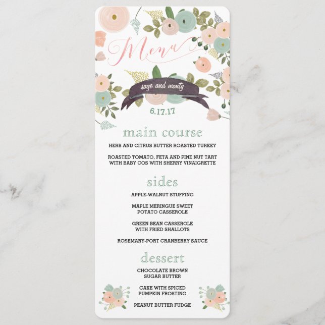 Boho Watercolor Floral Wedding Dinner Menus Menükarte (Vorderseite)