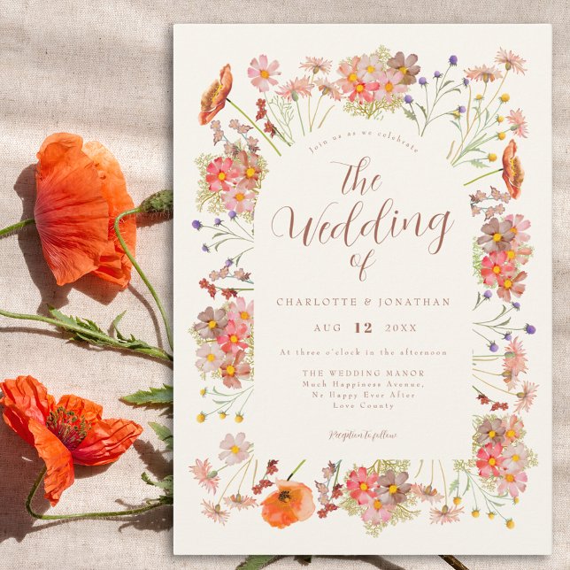 Boho Watercolor Floral Wedding Einladung (Elegant script wildflower wedding invitation)