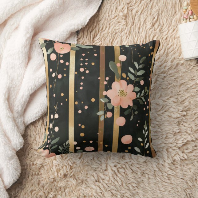 Boho Watercolor Florals Streifen Gold Pink Schwarz Kissen (Decke)