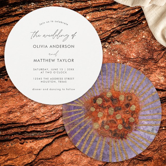 Boho Watercolor Gold Lila Einfache Hochzeit Einladung (Front/Back)