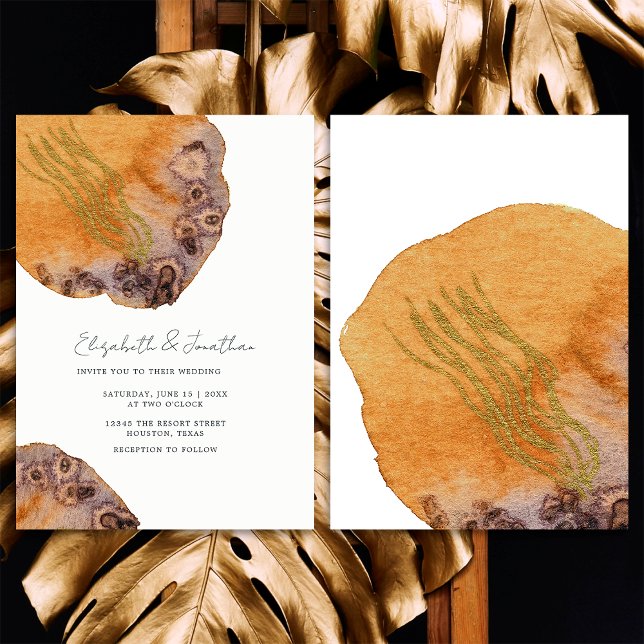 Boho Watercolor Gold Orange Simple Wedding Einladung (Front/Back)