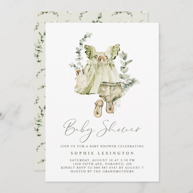 Boho Watercolor Green Dress Greenerity Baby Shower Einladung (Vorne/Hinten)