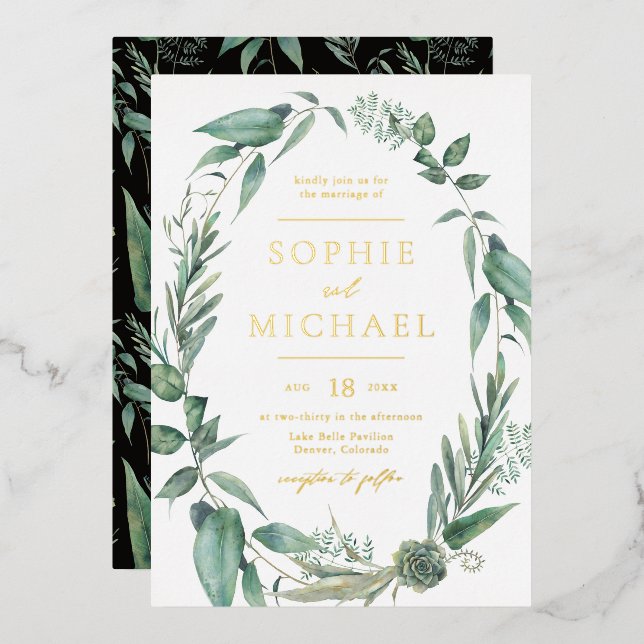 Boho Watercolor Greenery und Succulents Wedding Folieneinladung (Vorderseite/Rückseite)