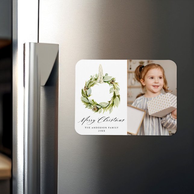 Boho Watercolor Greenery Wreath Holiday Foto Magnet (Von Creator hochgeladen)