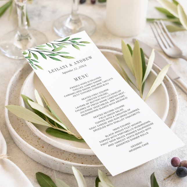 Boho Watercolor Grüne Zweigstelle Elegante Hochzei Menükarte (Simple green watercolor branches for a simple modern wedding reception menu.)