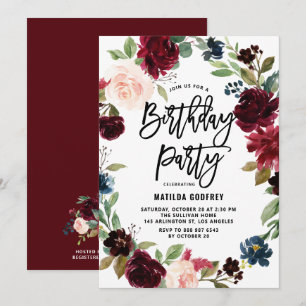 Boho-Watercolor Herbst-Blumenkranz-Geburtstag Einladung