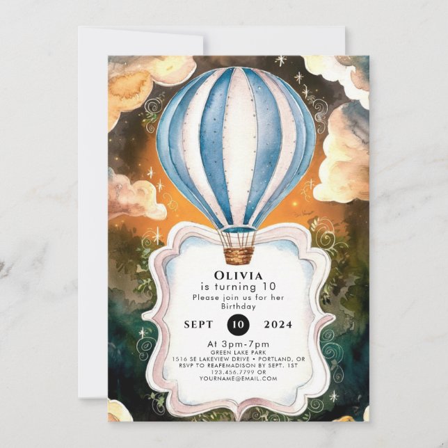 Boho Watercolor Hot Air Ballon Birthday Einladung (Vorderseite)