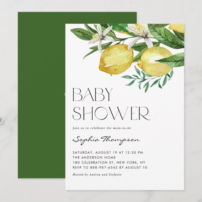 Boho Watercolor Lemon and Blooms Baby Shower Einladung (Vorne/Hinten)