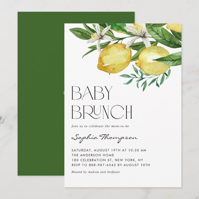Boho Watercolor Lemon und Blooms Baby Brunch Einladung (Vorne/Hinten)