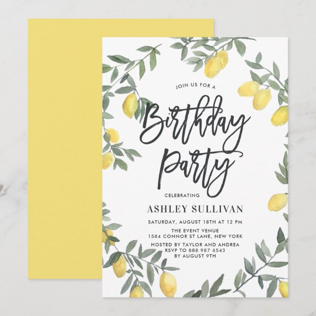 Boho Watercolor Lemon Wreath Birthday Party Einladung (Vorne/Hinten)