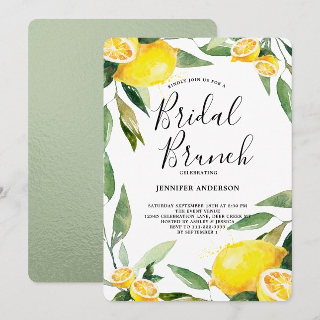 Boho Watercolor Lemon Wreath Bridal Brunch Einladung (Vorne/Hinten)