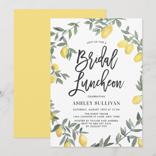 Boho Watercolor Lemon Wreath Bridal Luncheon Einladung (Vorne/Hinten)
