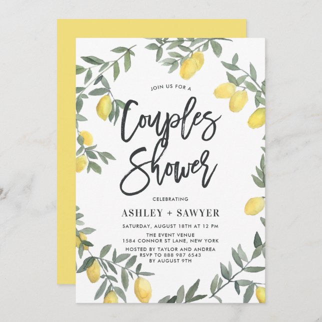 Boho Watercolor Lemon Wreath Couples Dusche Einladung (Vorne/Hinten)