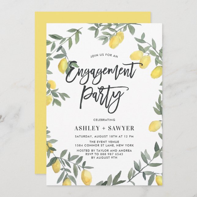 Boho Watercolor Lemon Wreath Engagement Party Einladung (Vorne/Hinten)