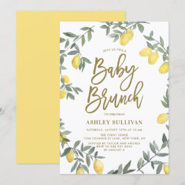Boho Watercolor Lemon Wreath Gold Baby Brunch Einladung