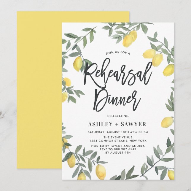 Boho Watercolor Lemon Wreath Rehersal Abendessen Einladung (Vorne/Hinten)