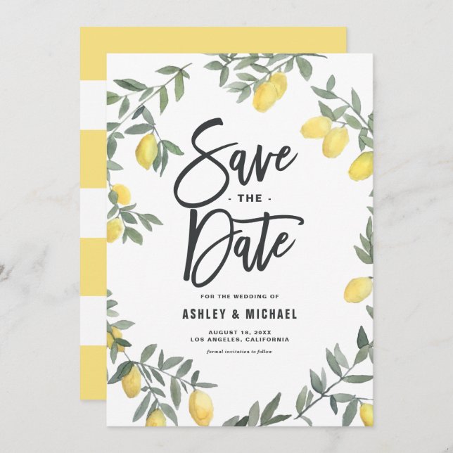 Boho Watercolor Lemon Wreath Save The Date (Vorne/Hinten)