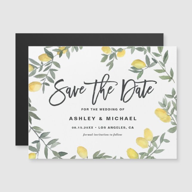 Boho Watercolor Lemon Wreath Summer Save the Date Magneteinladung (Vorne/Hinten)