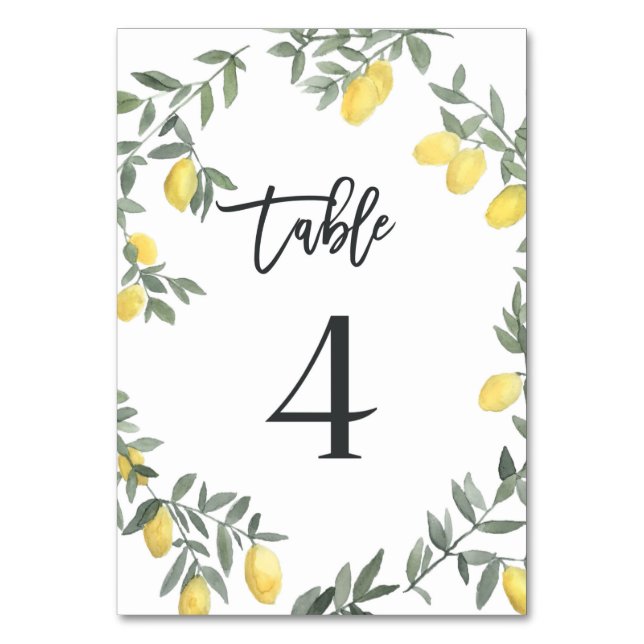 Boho Watercolor Lemon Wreath Table 4 Tischnummer (Vorderseite)