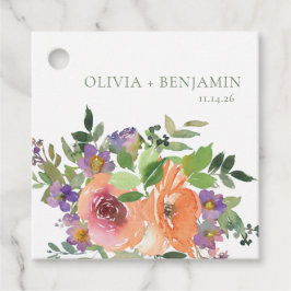 Boho Watercolor Lila Orange Floral Wedding Names Geschenkanhänger