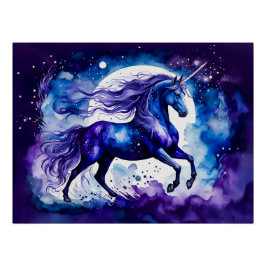 Boho Watercolor Majestic Blue Unicorn Under Starry Poster