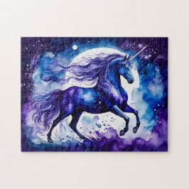 Boho Watercolor Majestic Blue Unicorn Under Starry Puzzle