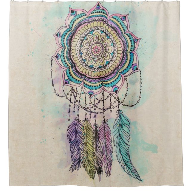 Boho Watercolor Mandala Dreamcatcher Duschvorhang (Vorderseite)