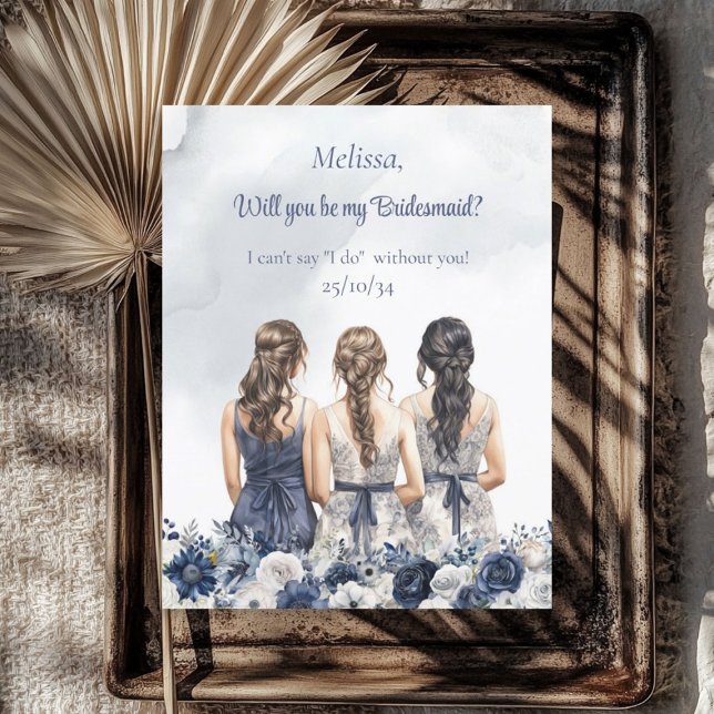 Boho Watercolor Marinebar, blau-weiße Blumenjungfr Einladung (Boho Watercolor navy blue white floral Bridesmaid Invitation)