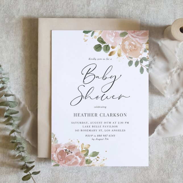 Boho Watercolor Mauve Peach Blume Babydusche Einladung (Elegant Baby Shower Invitation with Watercolor Mauve Peach Flowers and Faux Gold Foil Accents)