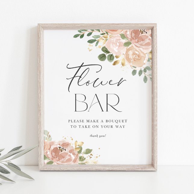 Boho Watercolor Mauve Peach Blume Blume Bar Poster (Elegant Flower Bar Sign with Watercolor Mauve Peach Flowers and Faux Gold Foil Accents)